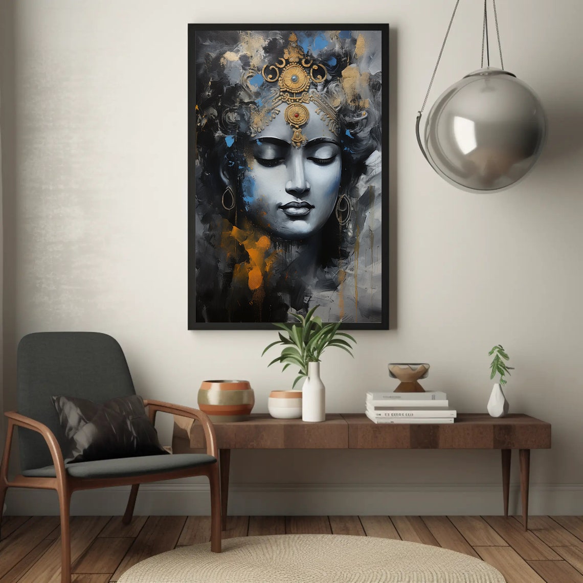Lord Krishna Portrait Golden Crown Blue Grey Abstract Poster - Image 4