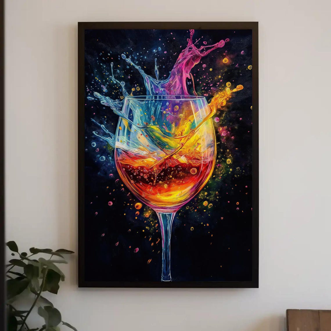 Colorful Wine Glass Splash Erupting on Black Background Art Poster