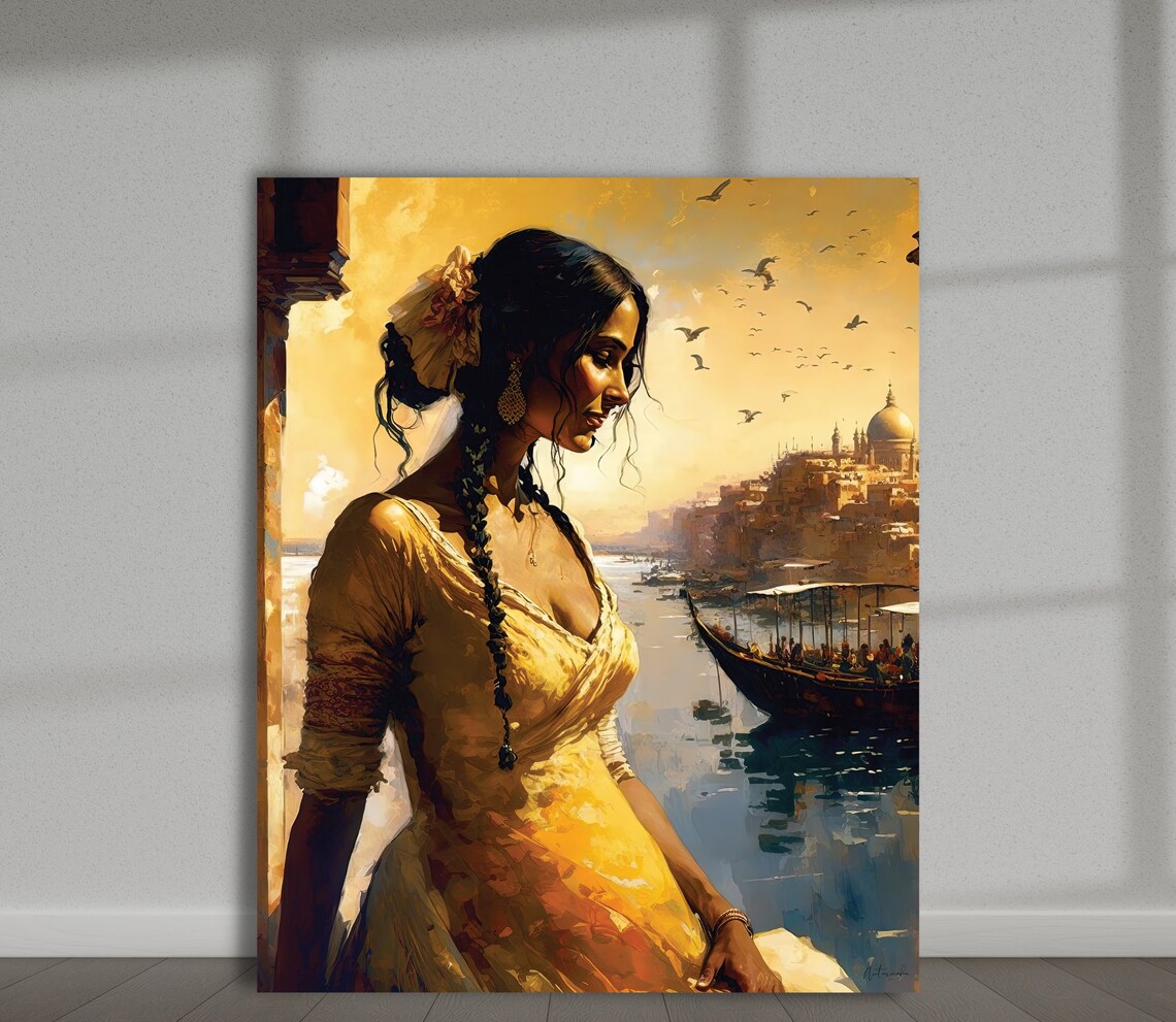 Indian Woman Overlooking Golden River Harbor Painting Poster - Image 2