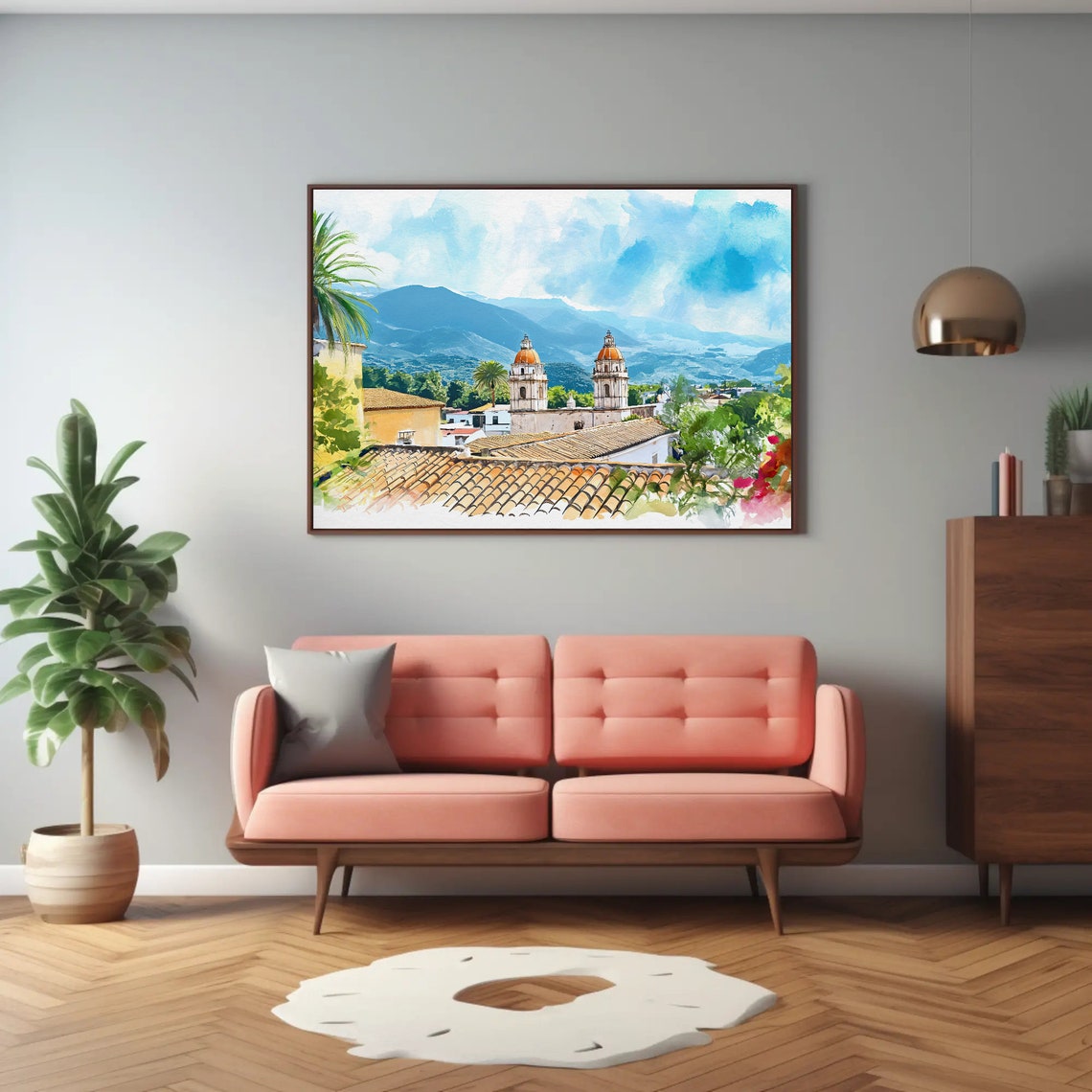 Mexican Rooftops with Church Domes and Blue Mountains Poster - Image 2