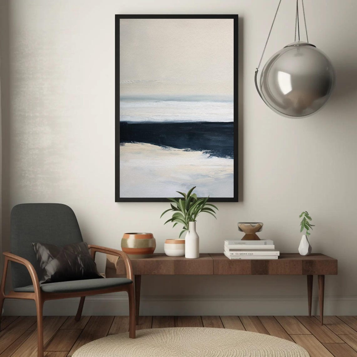 Minimalist Navy And White Abstract Horizon Seascape Artwork Poster - Image 2