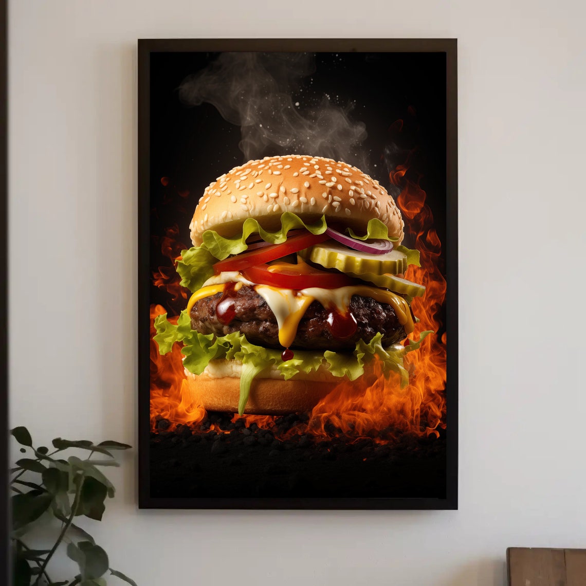Gourmet Cheeseburger with Flames Juicy Food Photography Kitchen Poster - Image 5