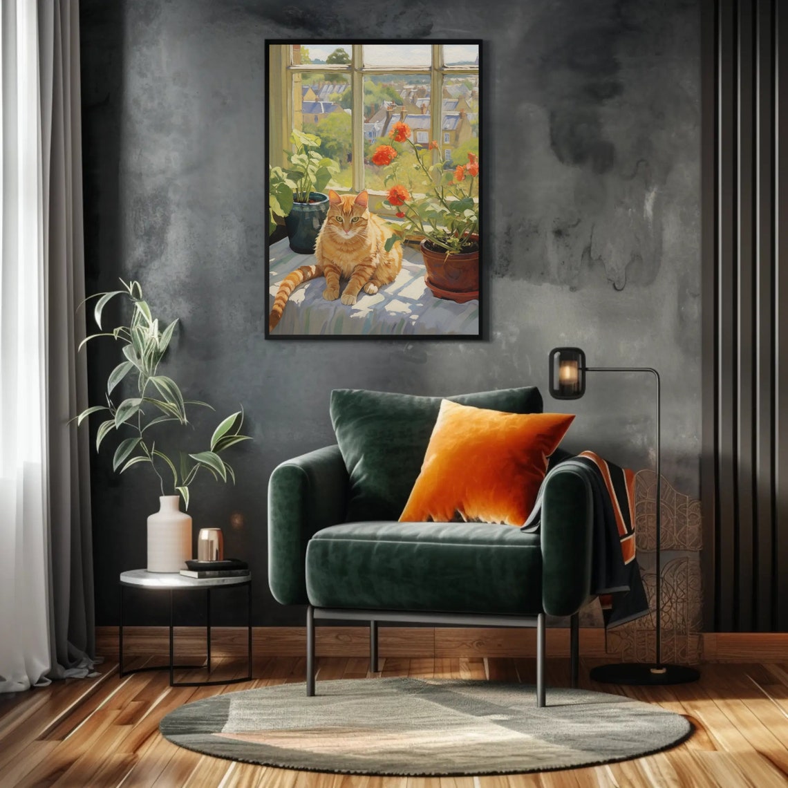 Orange Tabby Cat Relaxing on a Sunny Windowsill Among Plants Poster - Image 2