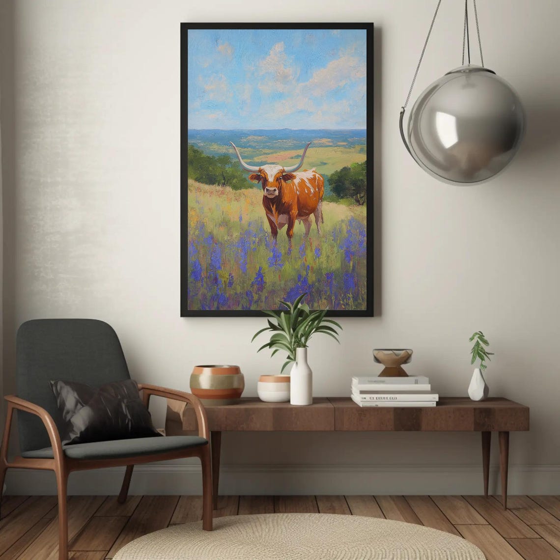 Proud Texas Longhorn Cow In A Blooming Bluebonnet Meadow Poster - Image 3