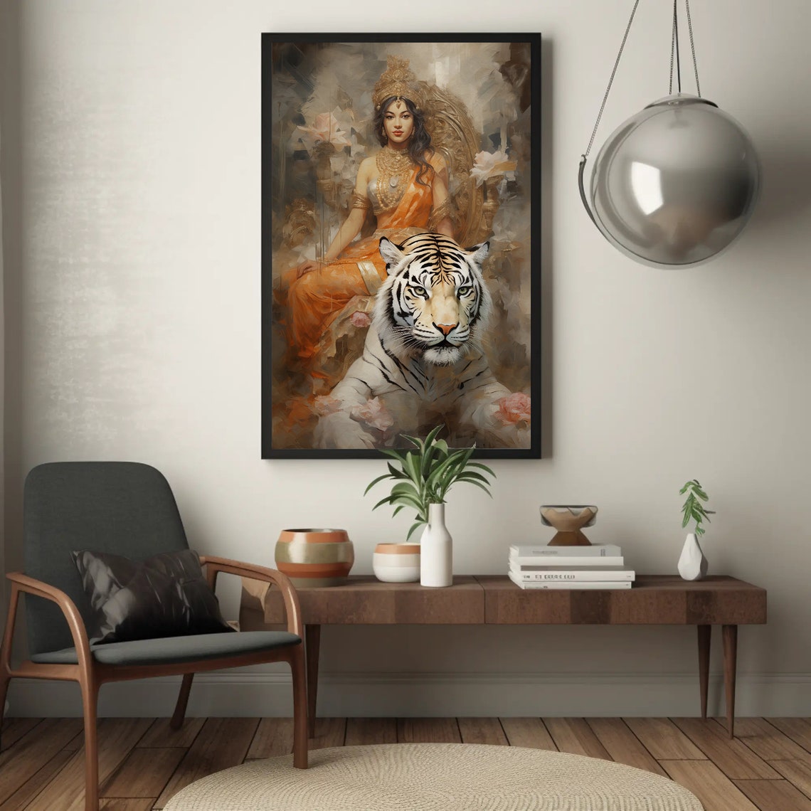 Hindu Goddess Durga White Tiger Orange Saree Deity Painting Poster - Image 3