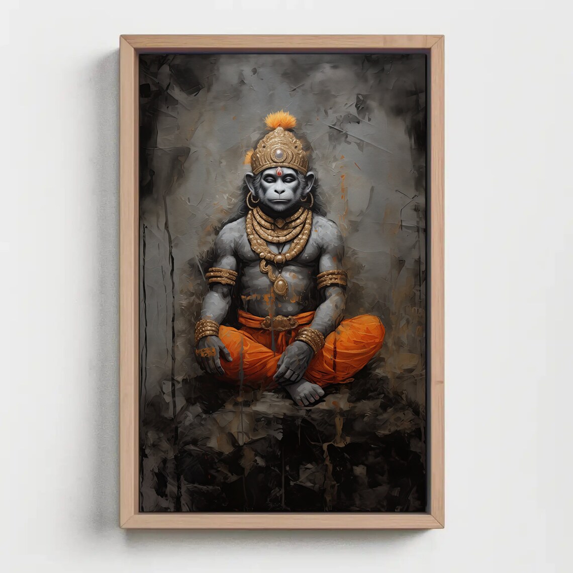 Lord Hanuman Meditating Hindu Deity Grey Gold Spiritual Poster - Image 4