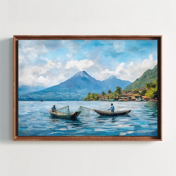 Guatemalan Fishermen On Lake Atitln Print Scenic Guatemala Landscape Painting Cultural Wall Art For Living Room Or Office Decor
