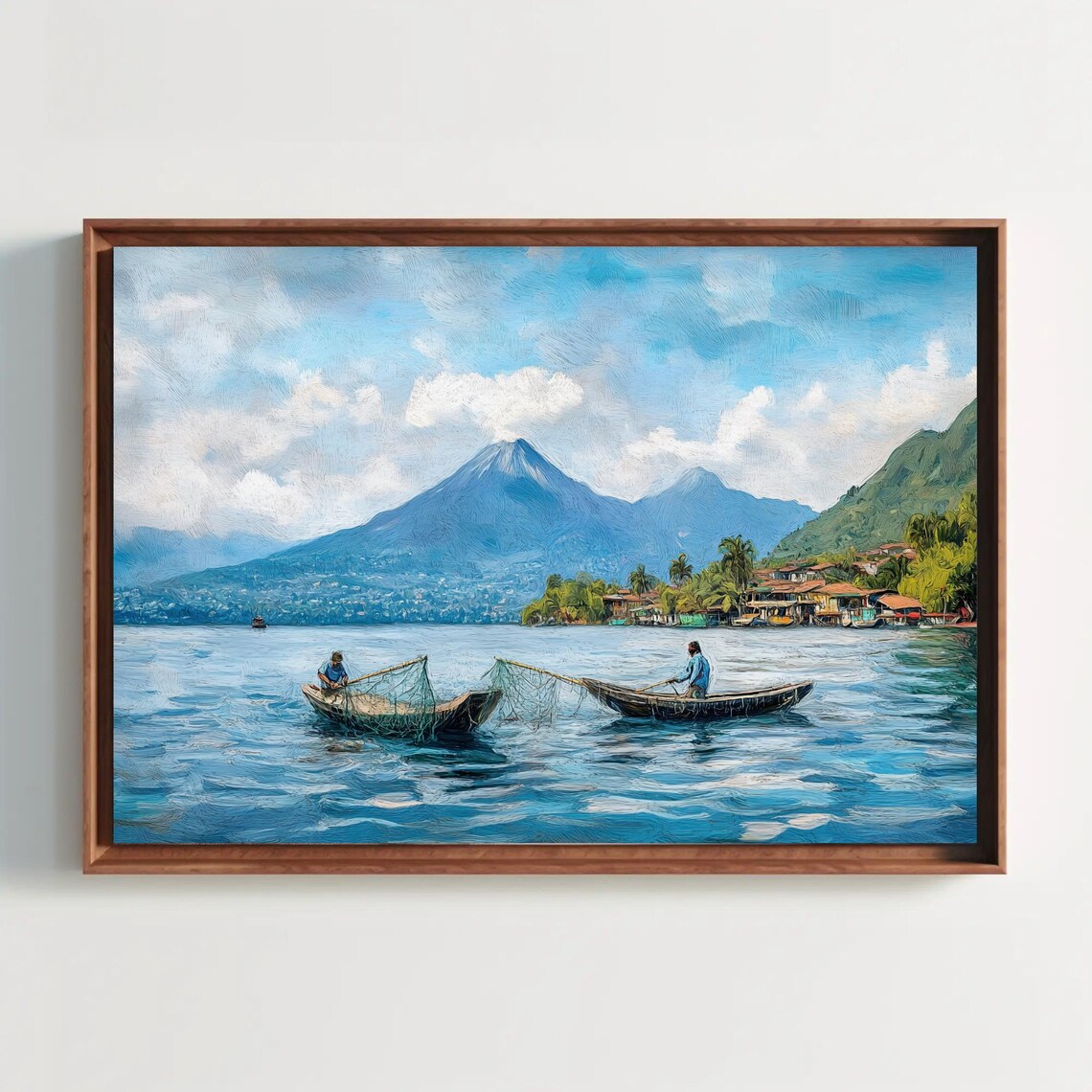 Guatemalan Fishermen On Lake Atitln Print Scenic Guatemala Landscape Painting Cultural Wall Art For Living Room Or Office Decor