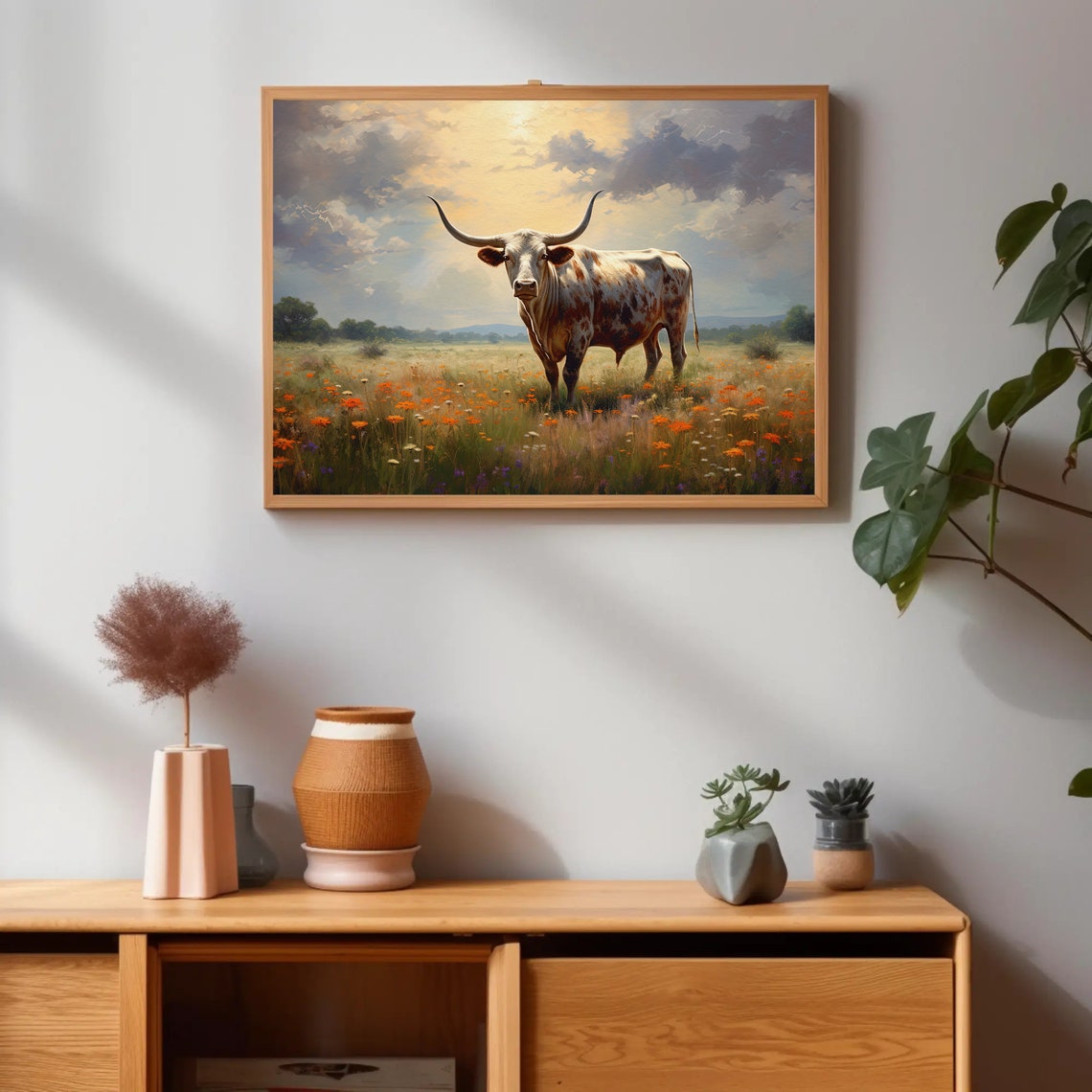 Texas Longhorn Cow in Wildflower Meadow Under Stormy Sky Poster - Image 4