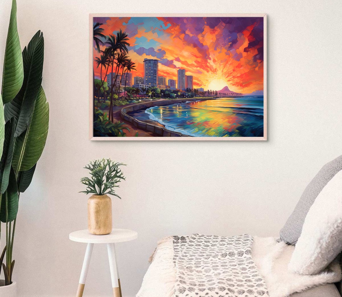 Honolulu Waikiki Beach Sunset Skyline in Painterly Style Poster - Image 3