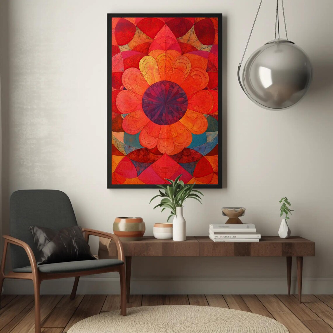 Radiant Red Mandala Flower with Geometric Abstract Petals Art Poster - Image 5