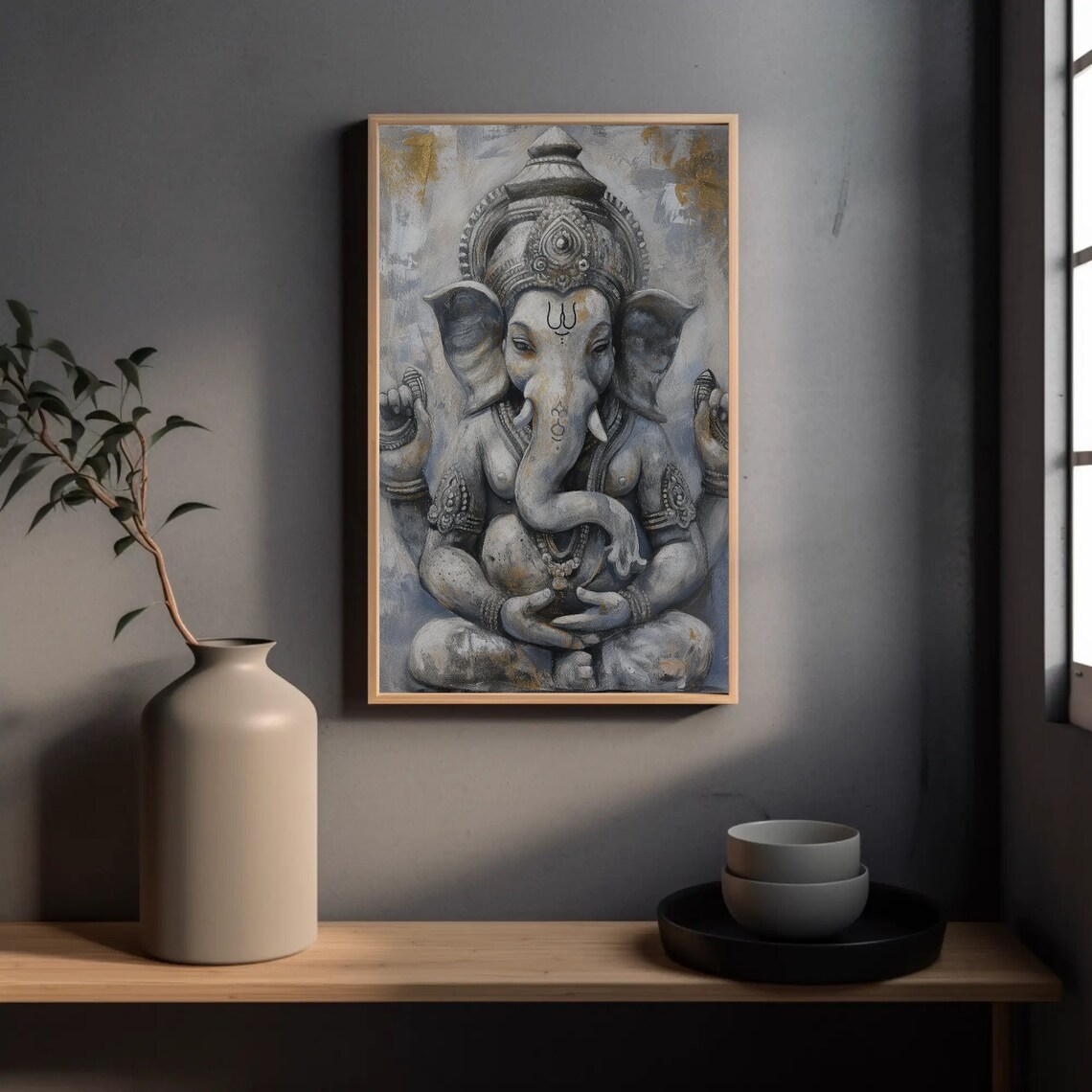 Lord Ganesha Seated Grey Gold Stone Statue Sacred Spiritual Poster - Image 3