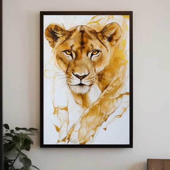 Regal Golden Lioness Portrait With Flowing Gold Ink Washes Poster