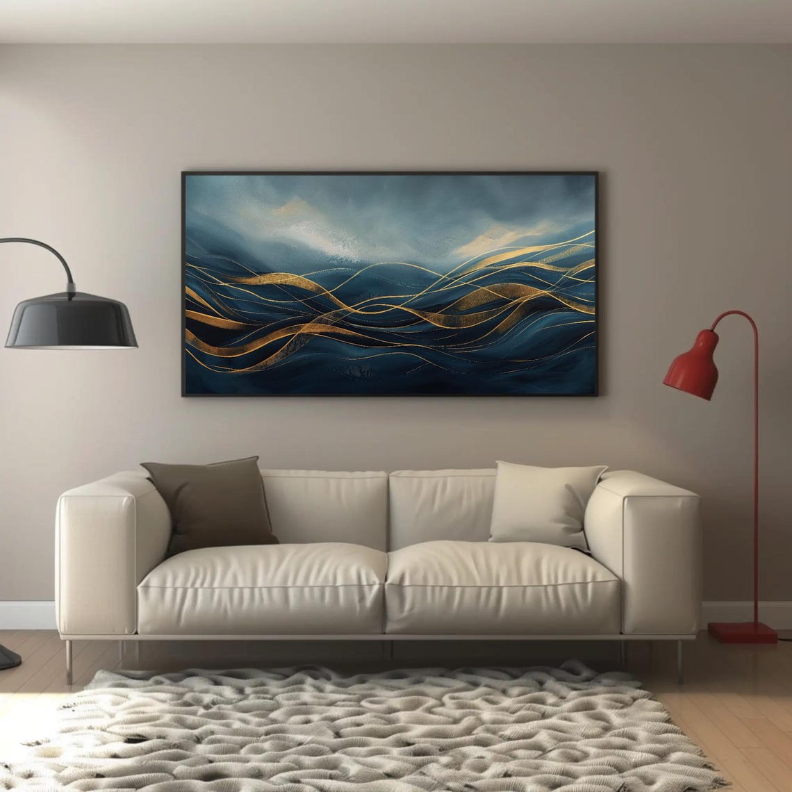 Deep Navy Ocean Waves With Gold Lines Abstract Art Painting Poster - Image 2