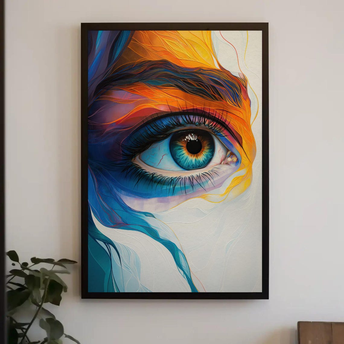 Striking Blue Eye Wrapped In Flowing Orange And Teal Strokes Poster