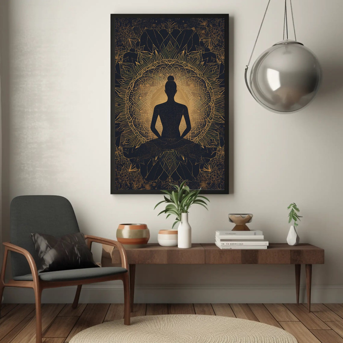 Meditating Yogi Silhouette Back View on Gold Mandala Yoga Wall Poster - Image 2