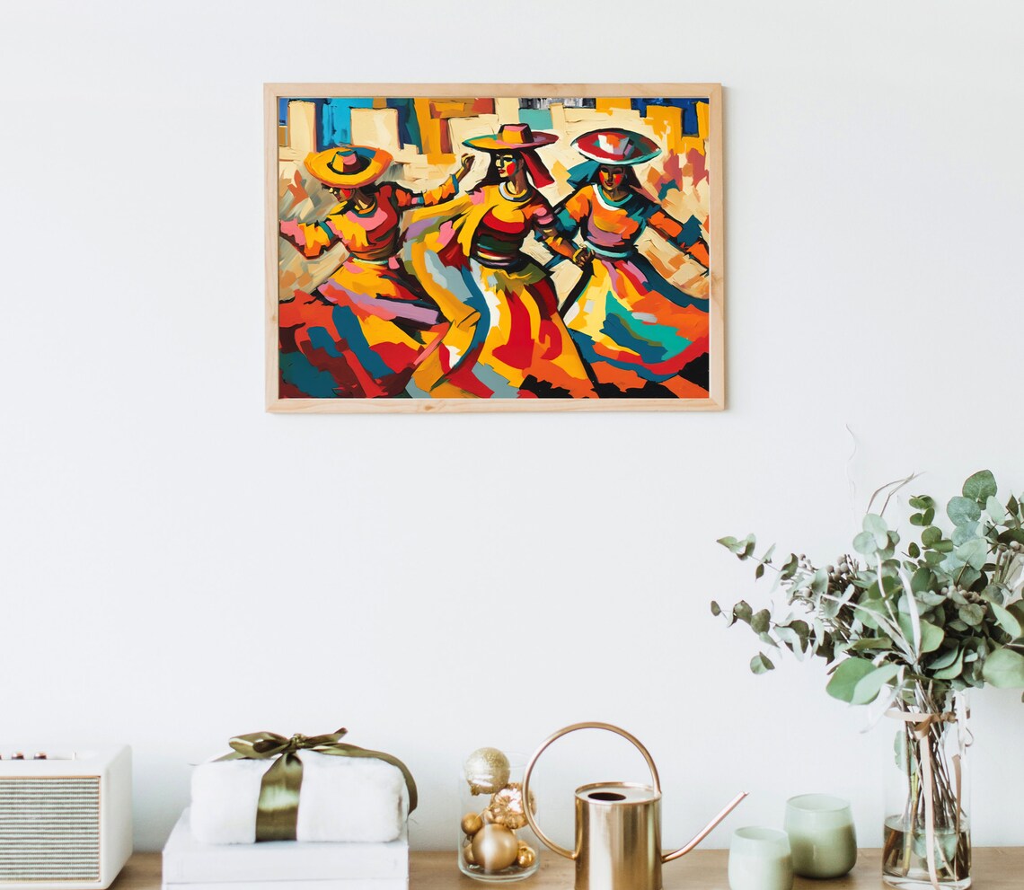 Mexican Folk Dancers in Bright Costumes and Sombreros Oil Painting Poster - Image 3