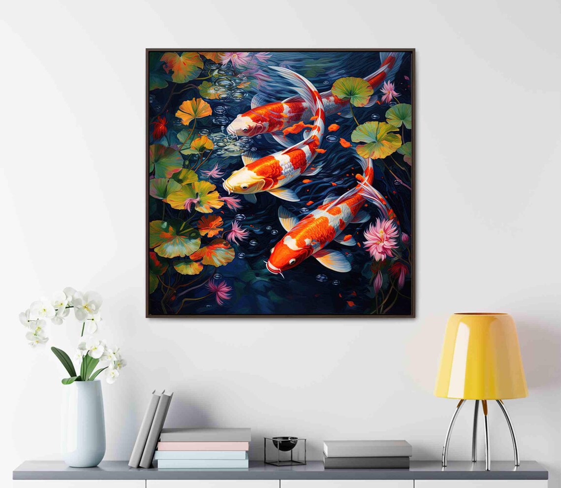 Three Colorful Koi Fish Among Lotus Lily Pads Oil Painting Poster - Image 3