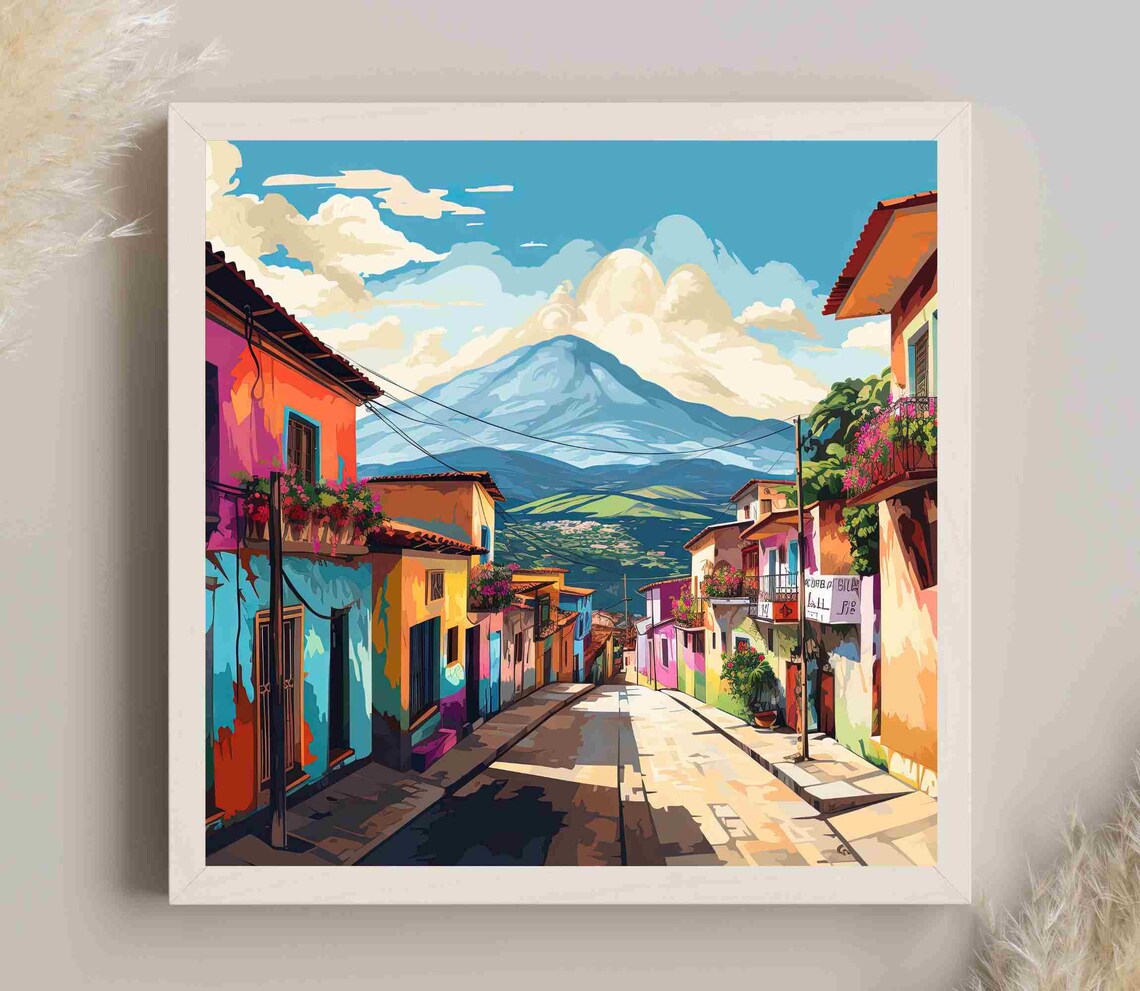Guatemala Colonial Town Street With Volcano Backdrop Travel Poster
