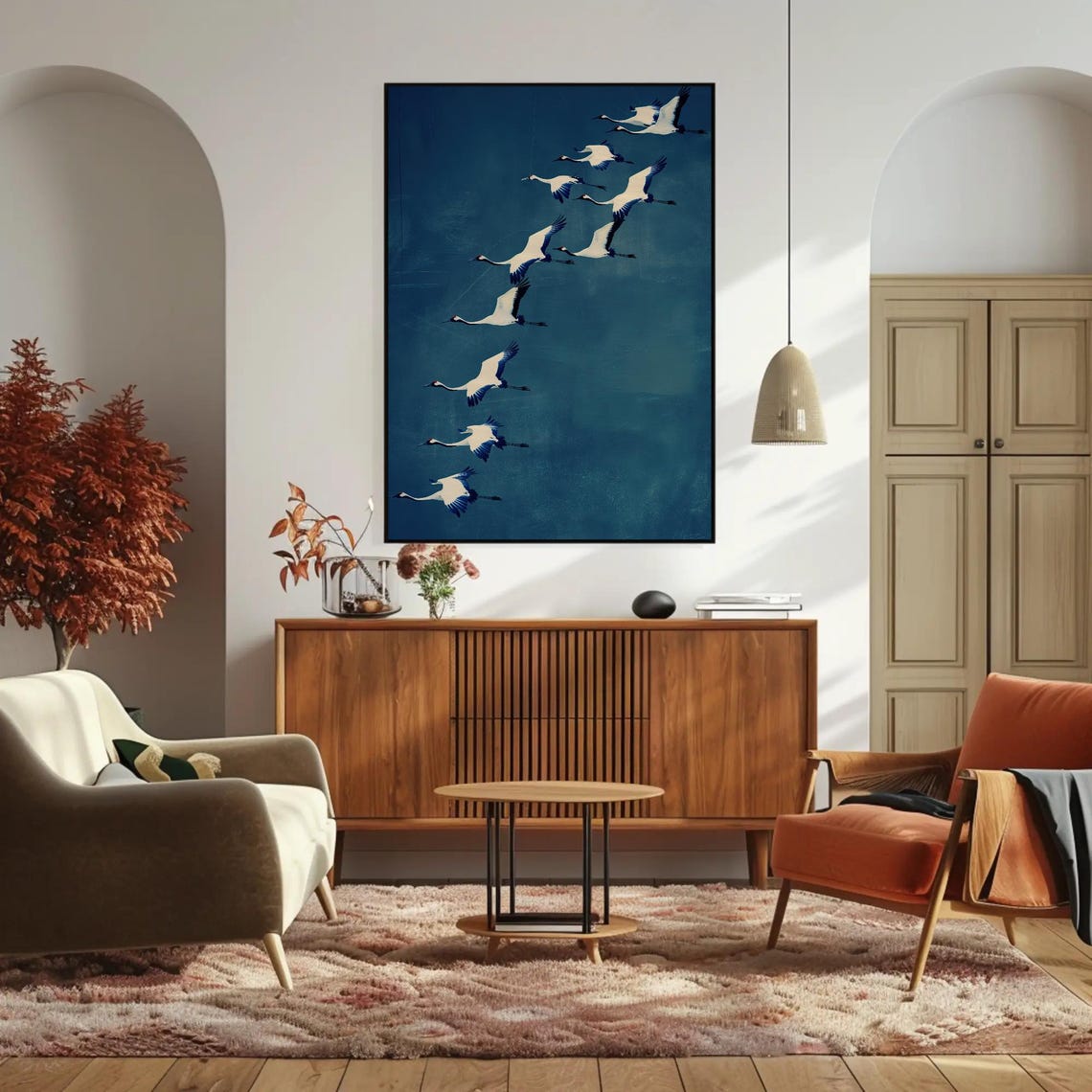 White Cranes Flying in Formation Over Deep Blue Night Sky Poster - Image 5
