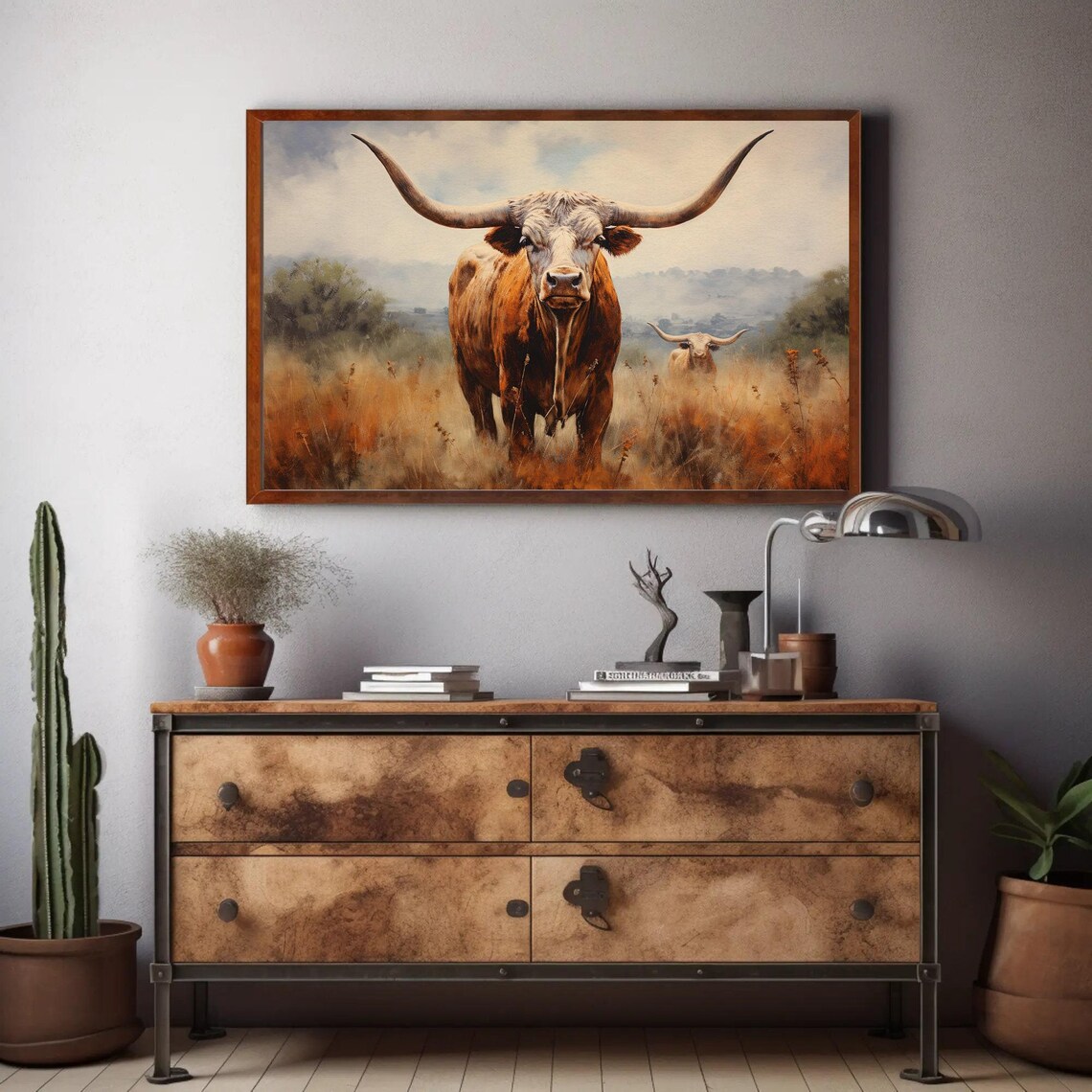Majestic Texas Longhorn Bull Standing in Golden Prairie Field Poster - Image 2
