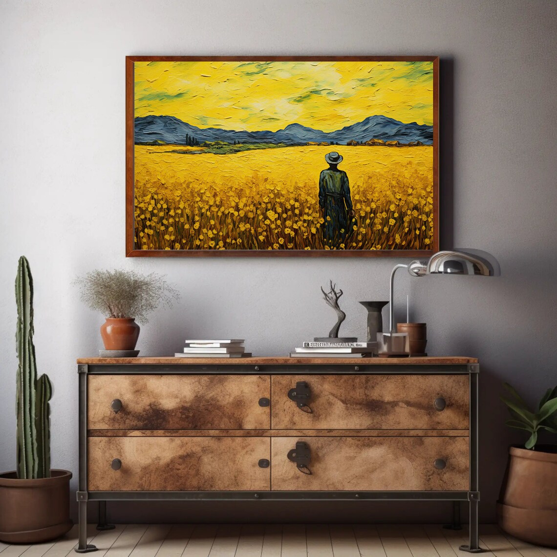 Mustard Field with Lone Figure Van Gogh Style Oil Painting Poster - Image 2