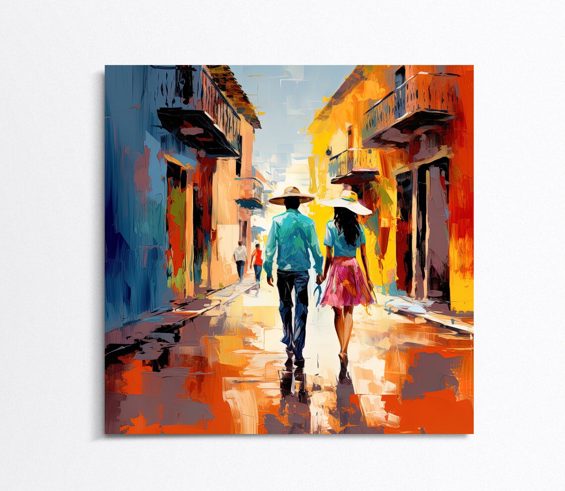 Mexican Couple Strolling Colorful Colonial Street Rain Poster - Image 4