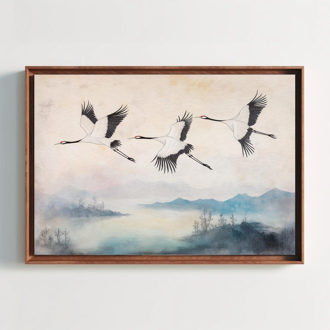 Three Cranes Soaring Over A Misty Lake Ink Wash Painting Poster