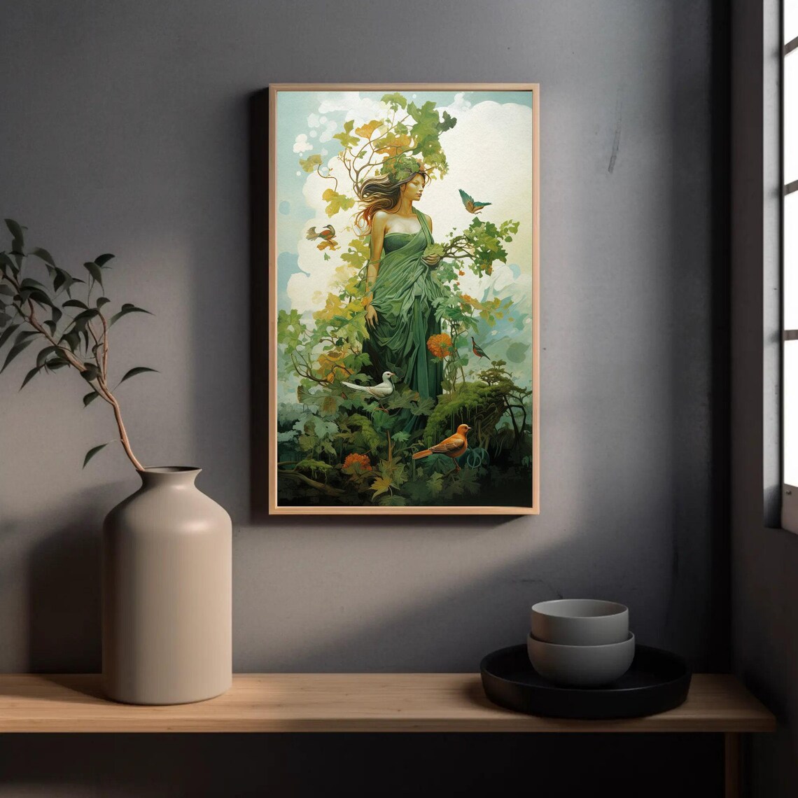 Forest Nymph in Flowing Green Gown Among Vines and Songbirds Poster - Image 3