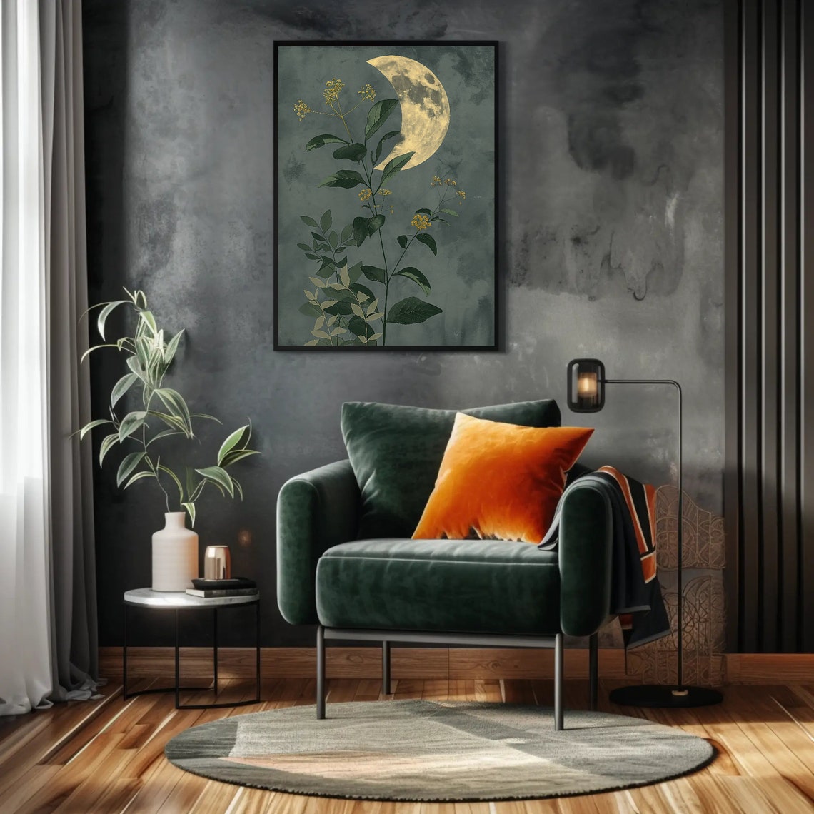 Crescent Moon Botanical Leaves Poster on Sage Green Background - Image 4