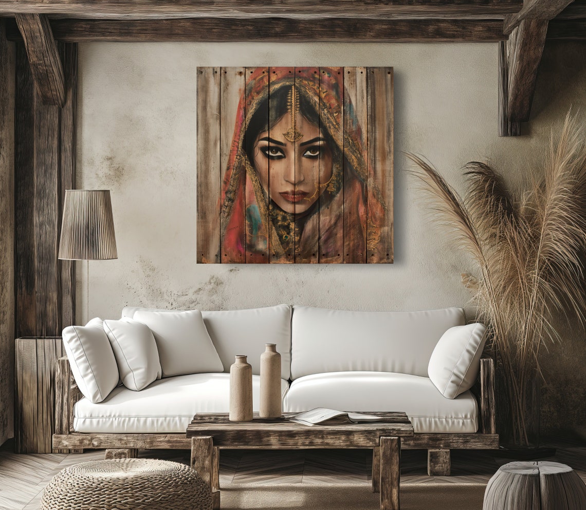 Indian Bride Portrait Painted on Reclaimed Wood Rustic Wall Poster - Image 4
