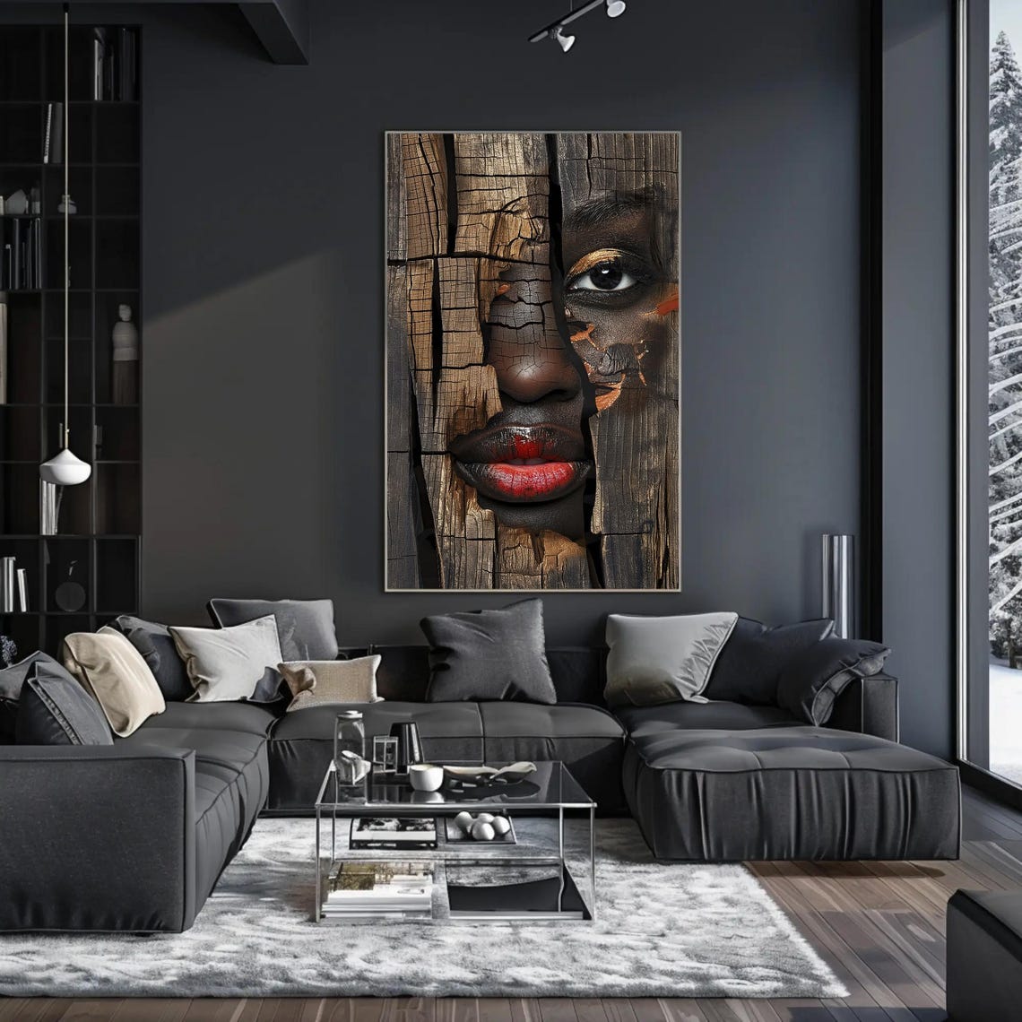 African Woman Face Emerging From Cracked Wooden Boards Poster - Image 2