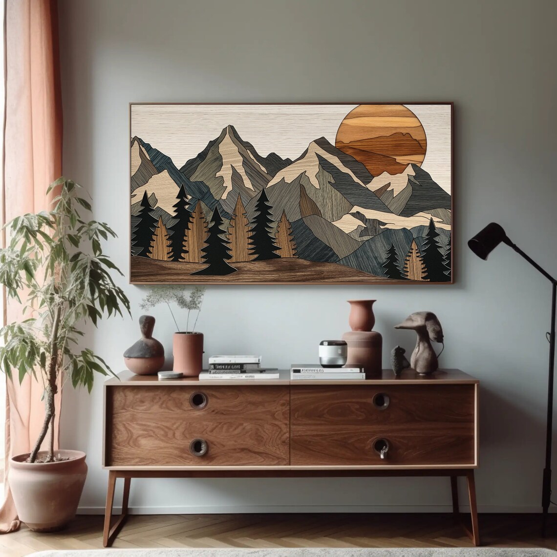 Wood Effect Mountain Wall Art Print, Rustic Decor - Image 4