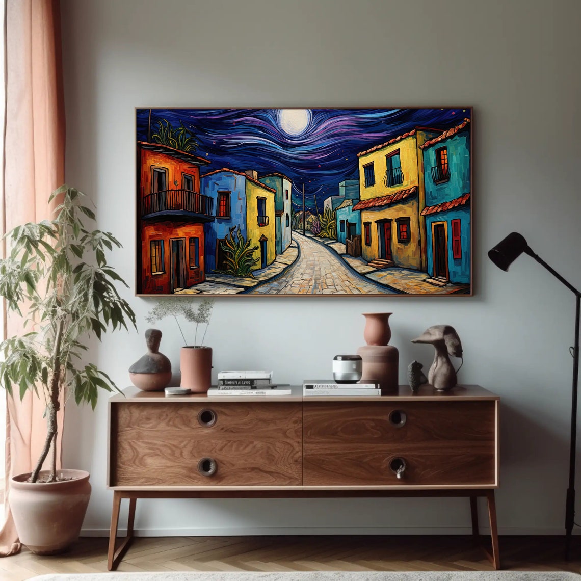 Van Gogh Style Mexican Street at Night with Radiant Full Moon Poster - Image 3