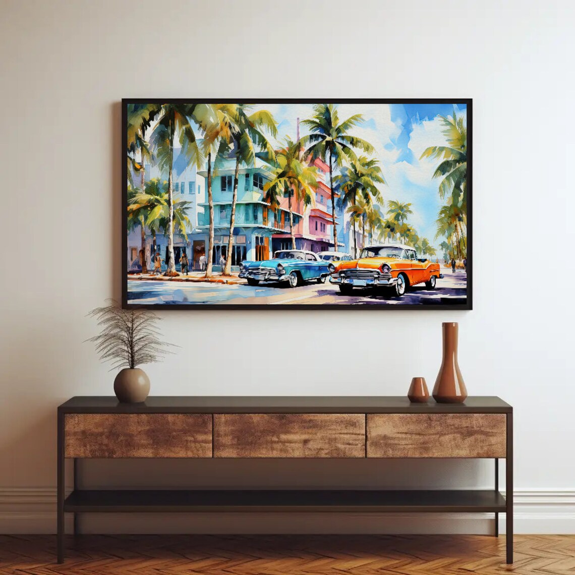 Miami Art Deco Street Watercolor With Classic Cars Scene Poster - Image 3