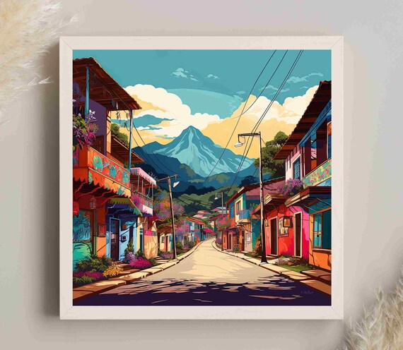 Colombia Colorful Street Shops Andes Mountain Backdrop Travel Poster