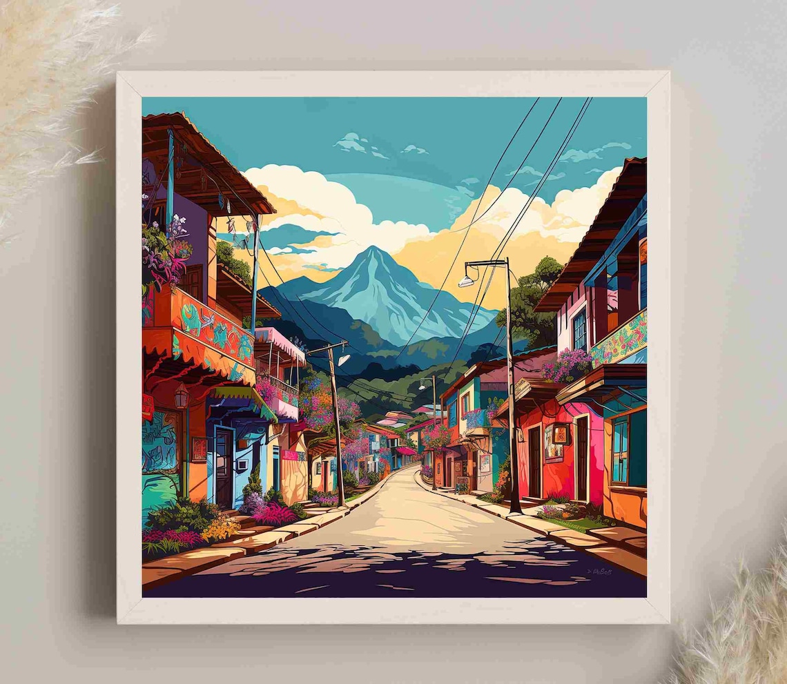 Colombia Colorful Street Shops Andes Mountain Backdrop Travel Poster