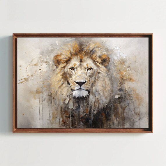 Abstract Lion Portrait in Warm Gold and Gray Brushstrokes Poster