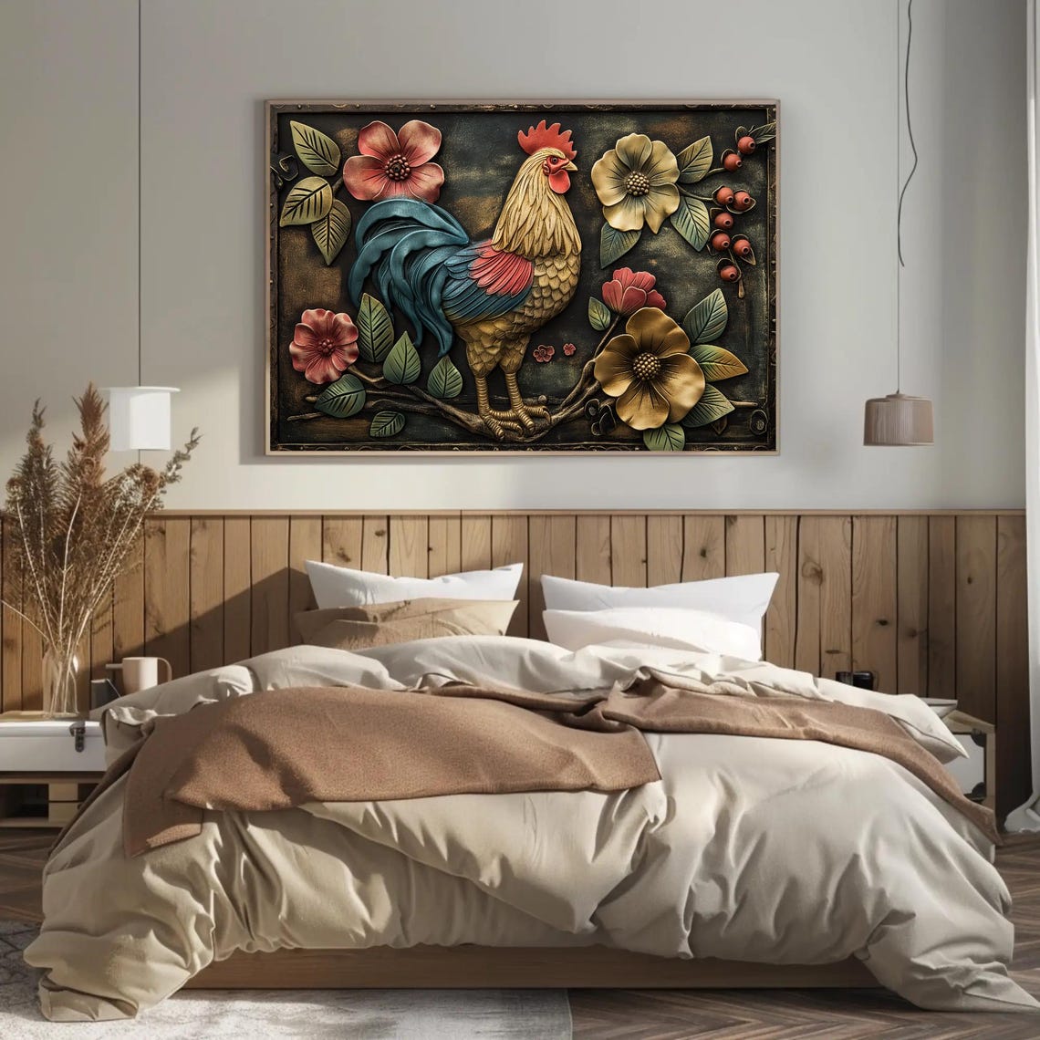 Metallic Rooster With Flowers Embossed 3D Relief Artwork Poster - Image 2