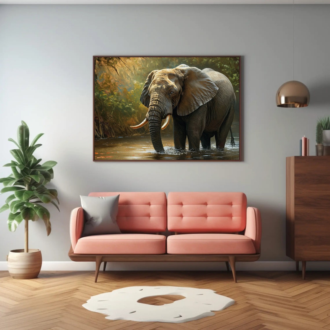 African Elephant Wading River Jungle Wildlife Painting Poster - Image 3