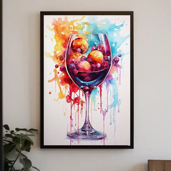 Wine Glass With Fruits Colorful Watercolor Splash Kitchen Wall Art