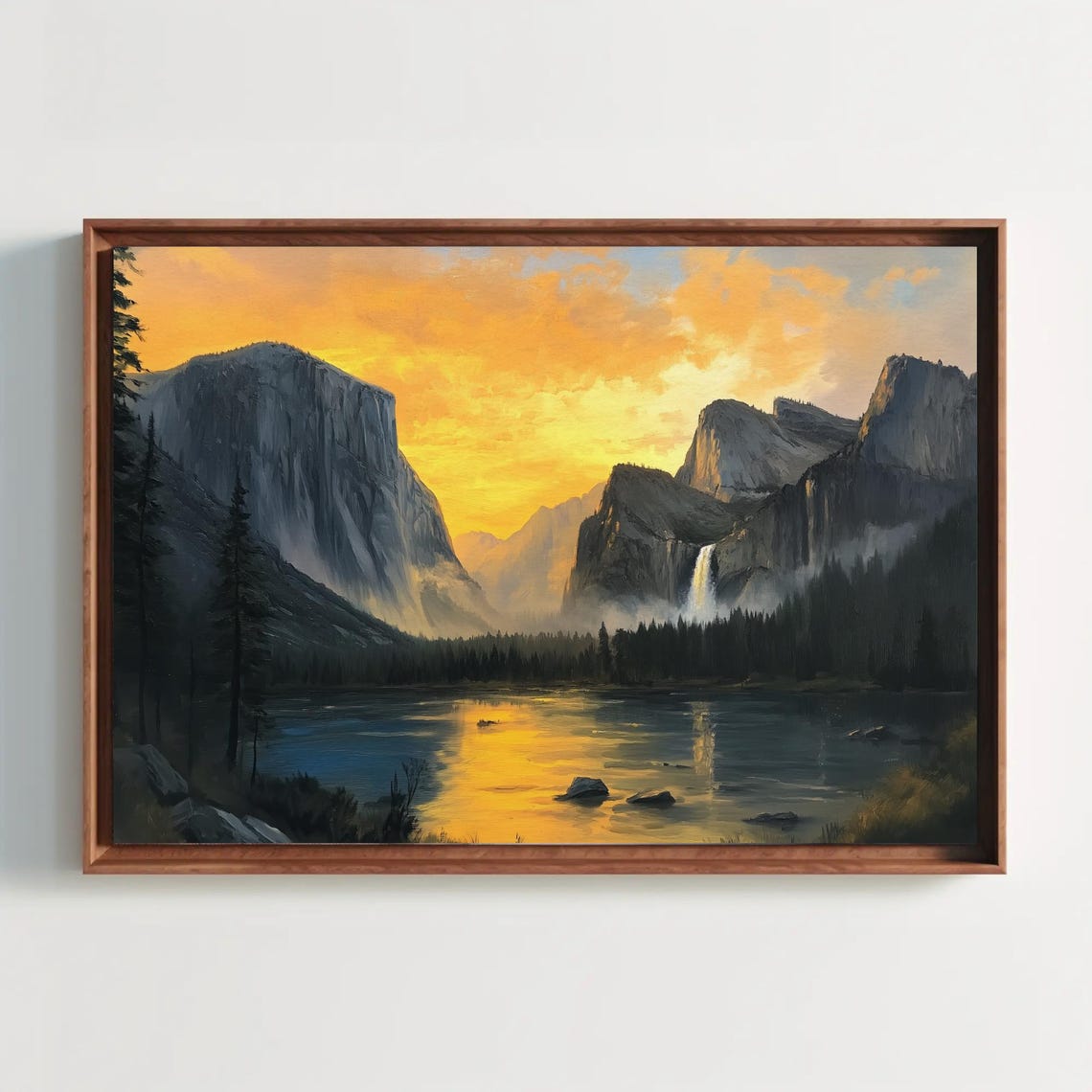 Granite Valley At Sunrise Towering Cliffs Waterfall River Poster