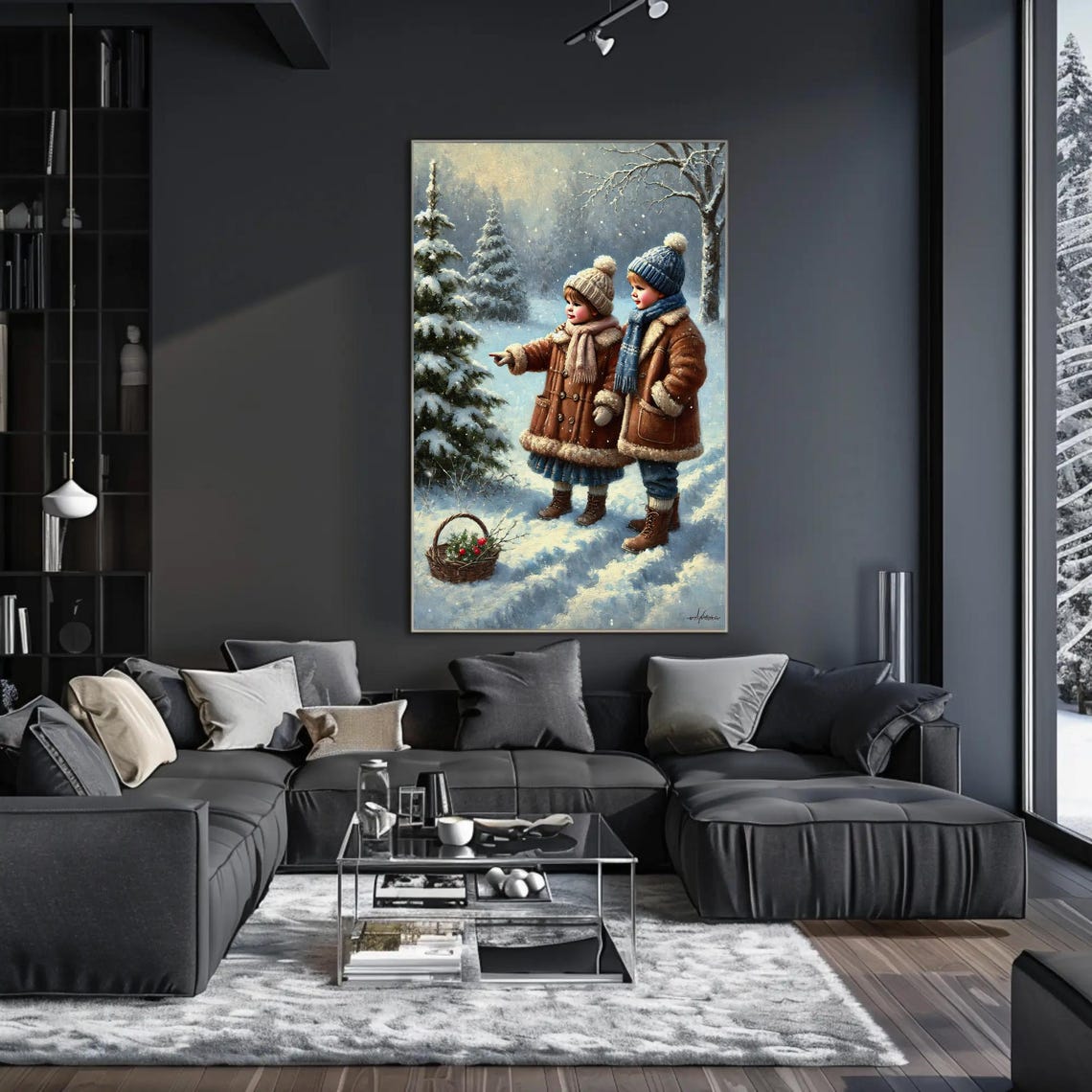 Two Warmly Dressed Children In A Snowy Winter Forest Scene Poster - Image 3
