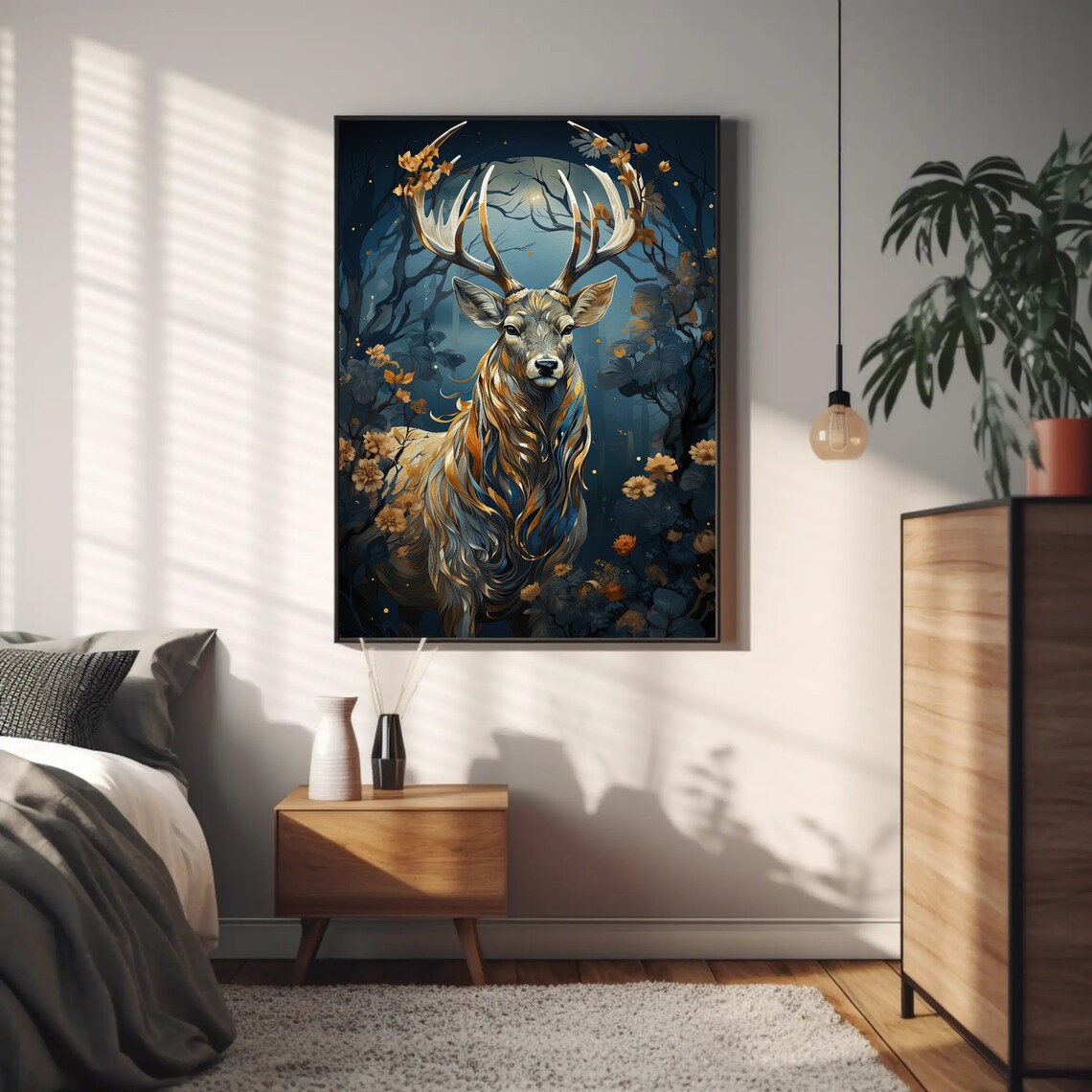 Golden Stag In Moonlit Forest Night Wildlife Fantasy Art Poster - Image 4