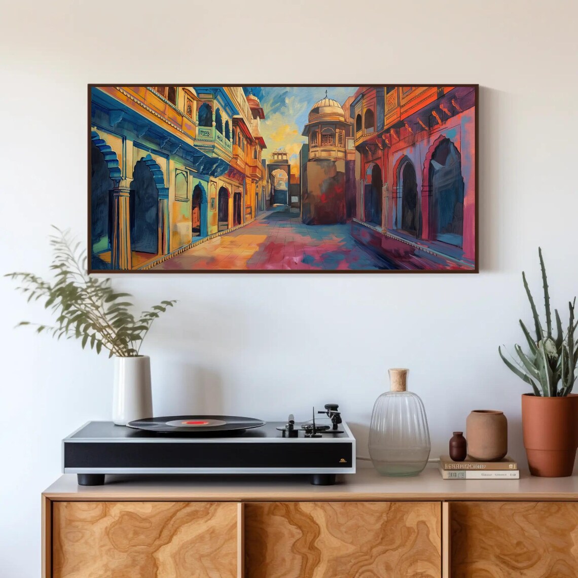 Jaipur Streets Colorful Oil Painting Indian Wall Art Framed Rajasthan Cityscape For Living Room Bedroom Office Ready To Hang - Image 3