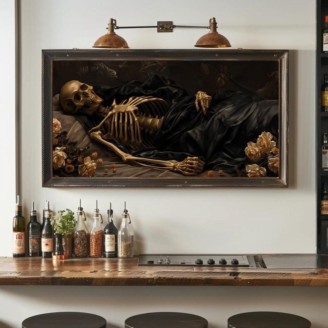 Reclining Golden Skeleton with Roses Gothic Dark Academia Art Poster - Image 4