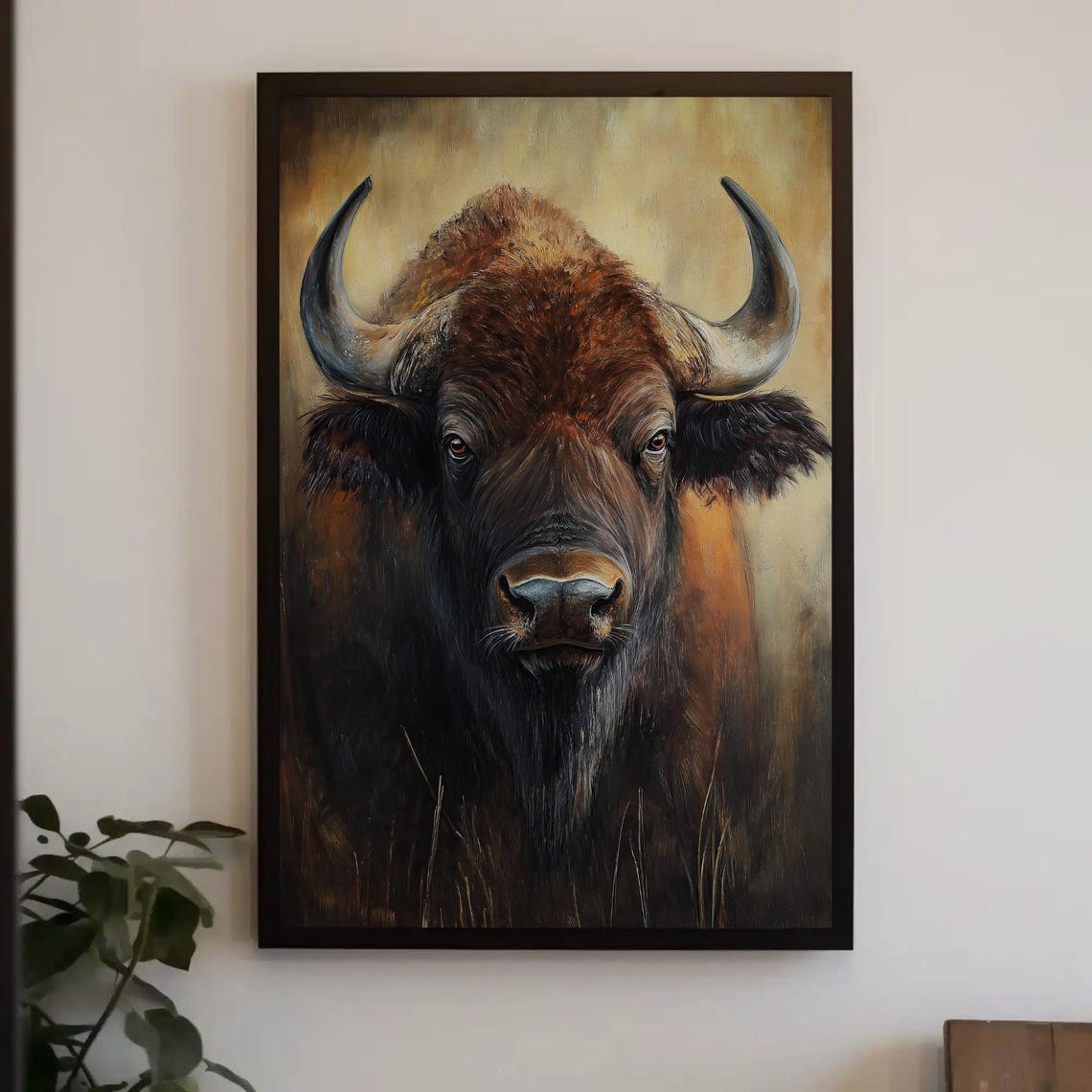 Powerful Bison Close-Up Portrait Rustic Earthy Oil Painting Poster