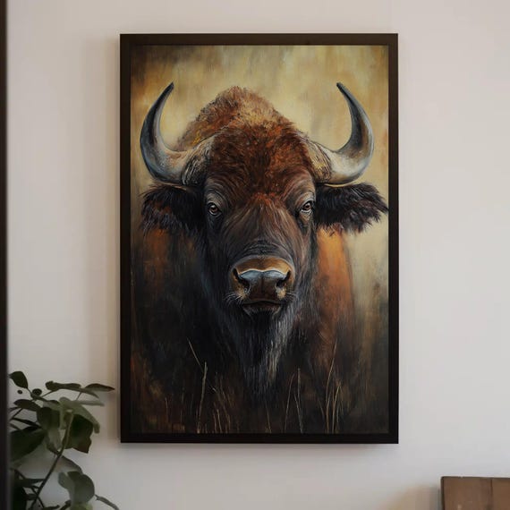 Wild Buffalo Abstract Portrait Painting Print Bold Wildlife Art Framed Rustic Wall Decor For Living Room Or Office Ready To Hang
