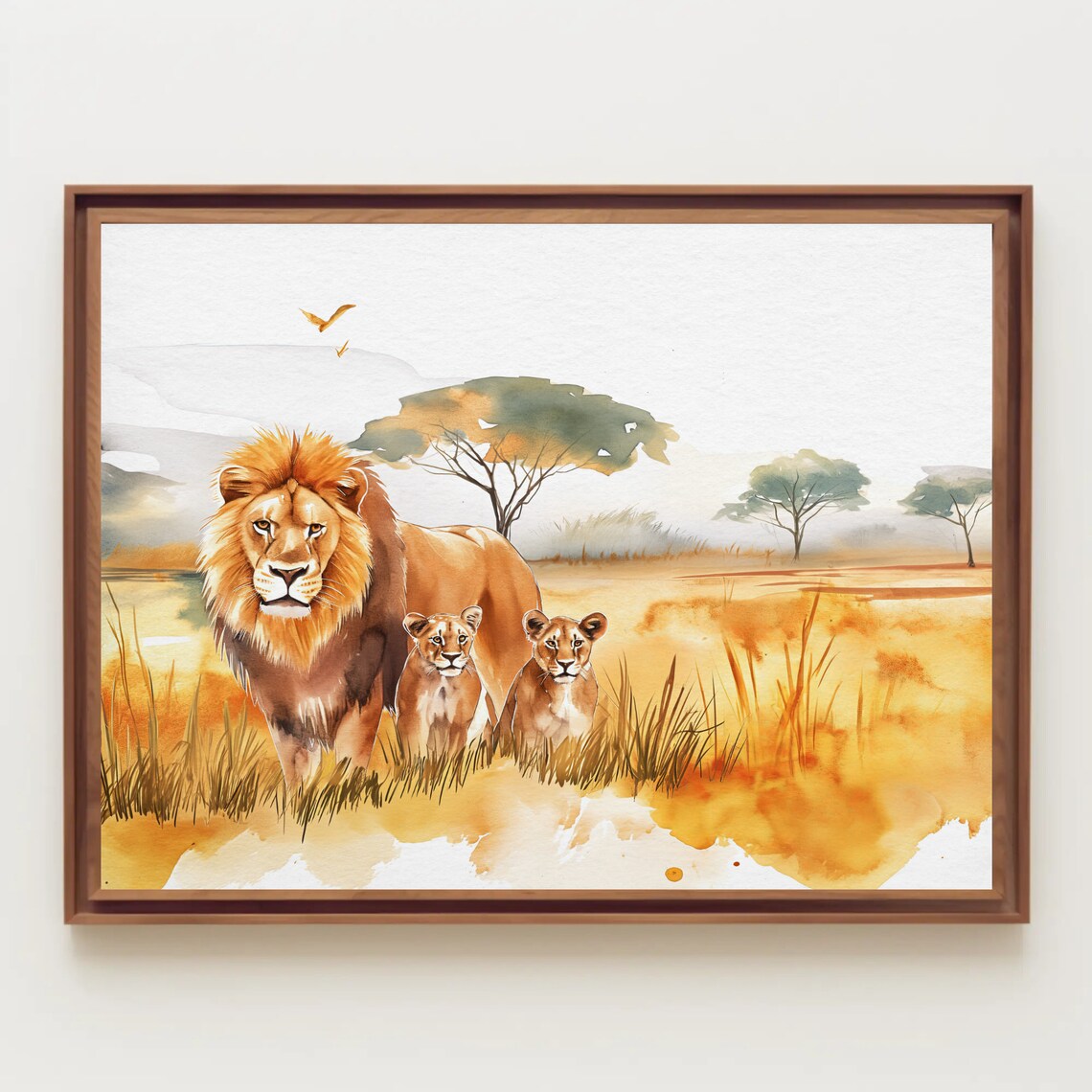 Lion and Cubs in Golden African Savannah Sunset Watercolor Poster - Image 5