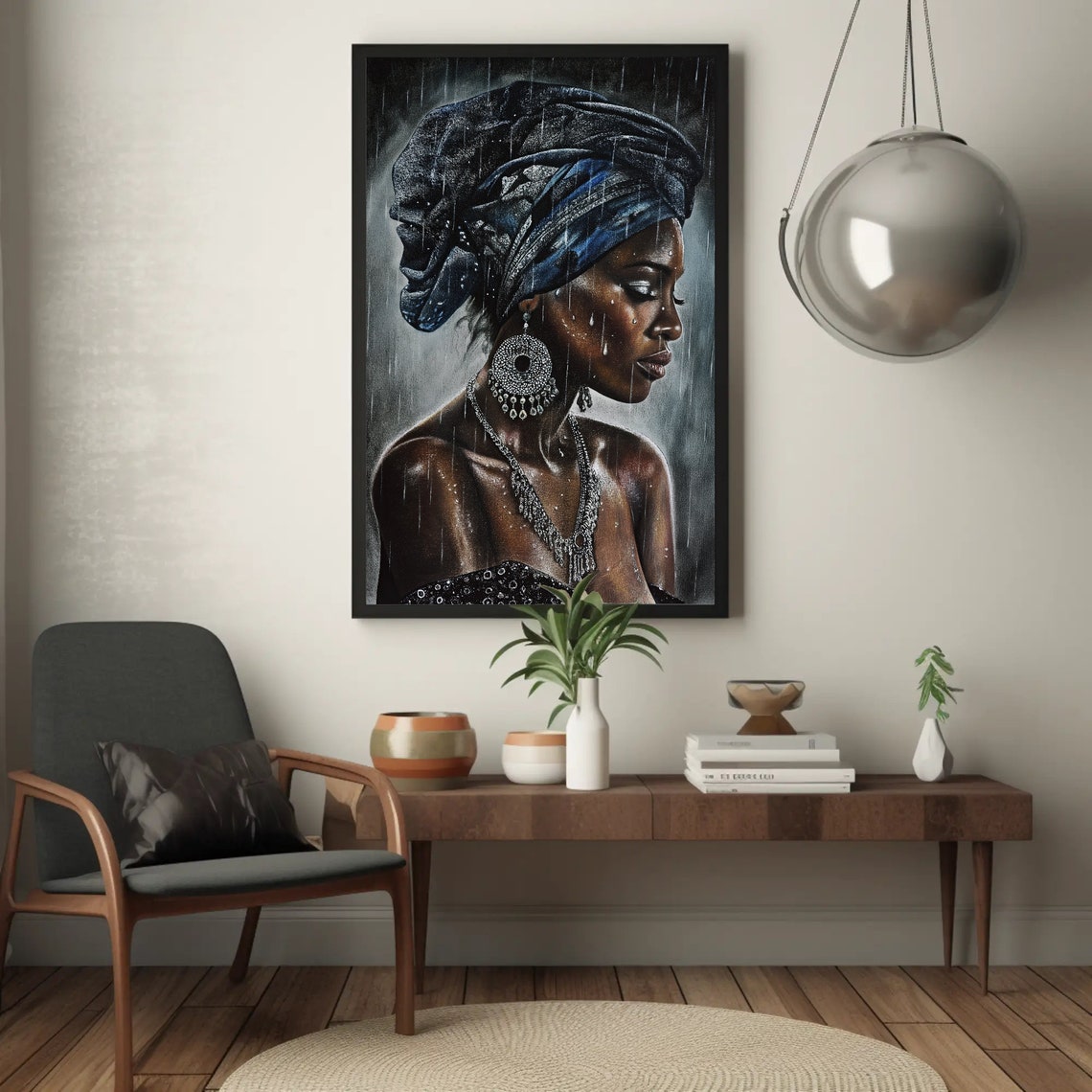 African Woman in Rain Blue Headwrap Silver Jewelry Portrait Art Poster - Image 4